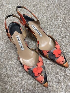 Manolo Blahnik Coral and Black Floral Pointed Slingback Heels